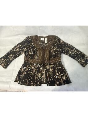 Emma James Brown Floral Velvet Trim Sheer Bell Sleeve Boho Top 8P